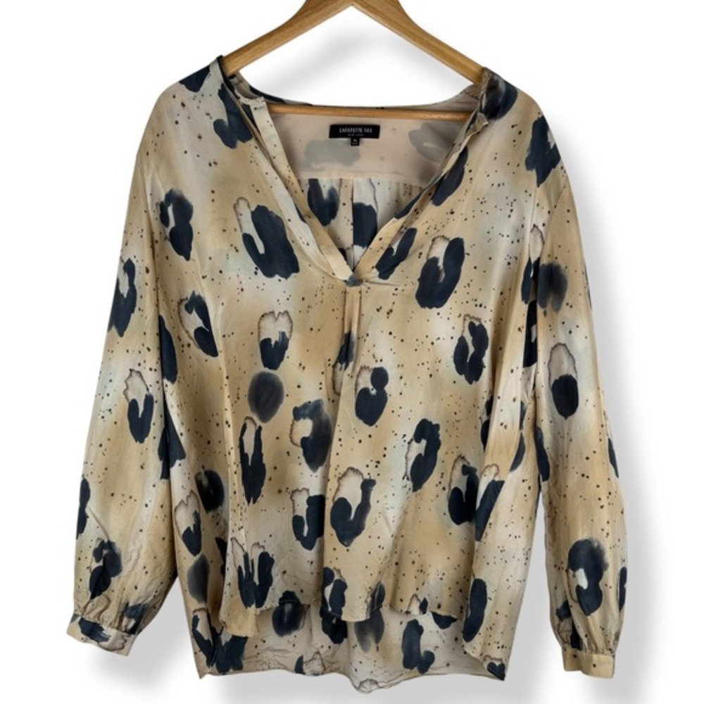 Lafayette 148‎ Libby 100% Silk Blouse Womens Size 14 Leopard Print Luxury Top
